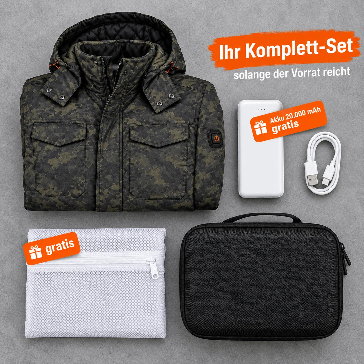Komplett-Set: Alpino, 20.000-mAh-Akku, Ladekabel, Wäschenetz und Tasche