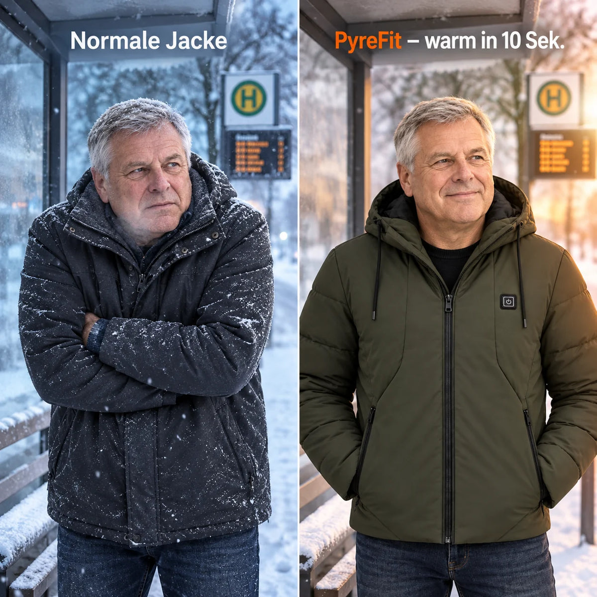 Vergleich: normale Winterjacke und Apexia mit Heizung