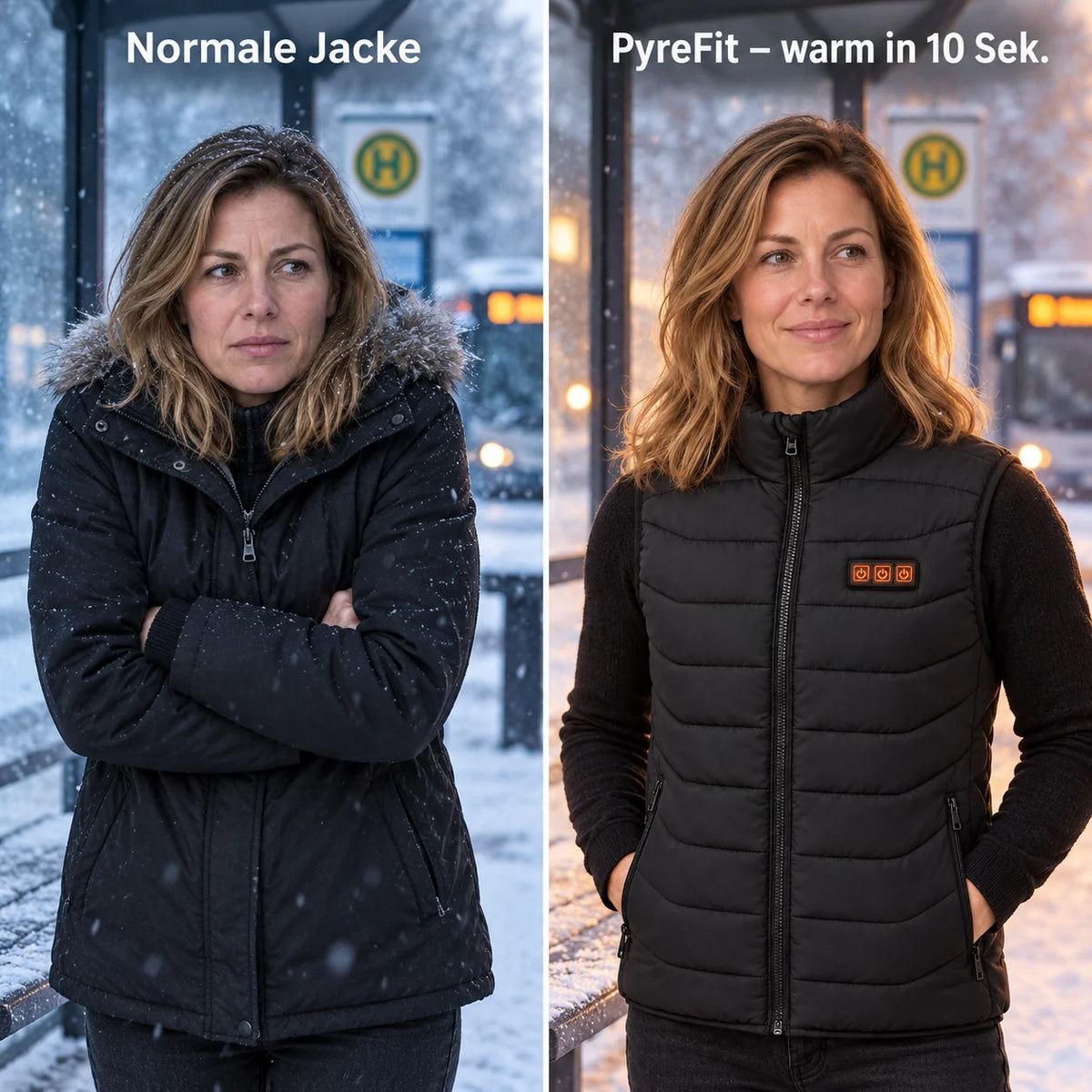 Vergleich: normale Winterjacke und Aurina mit Heizung