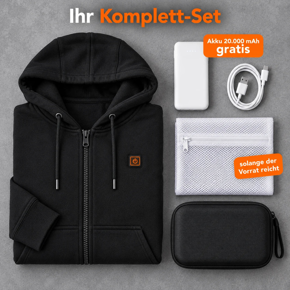 Komplett-Set: Cosaro, 20.000-mAh-Akku, Ladekabel, Wäschenetz und Tasche