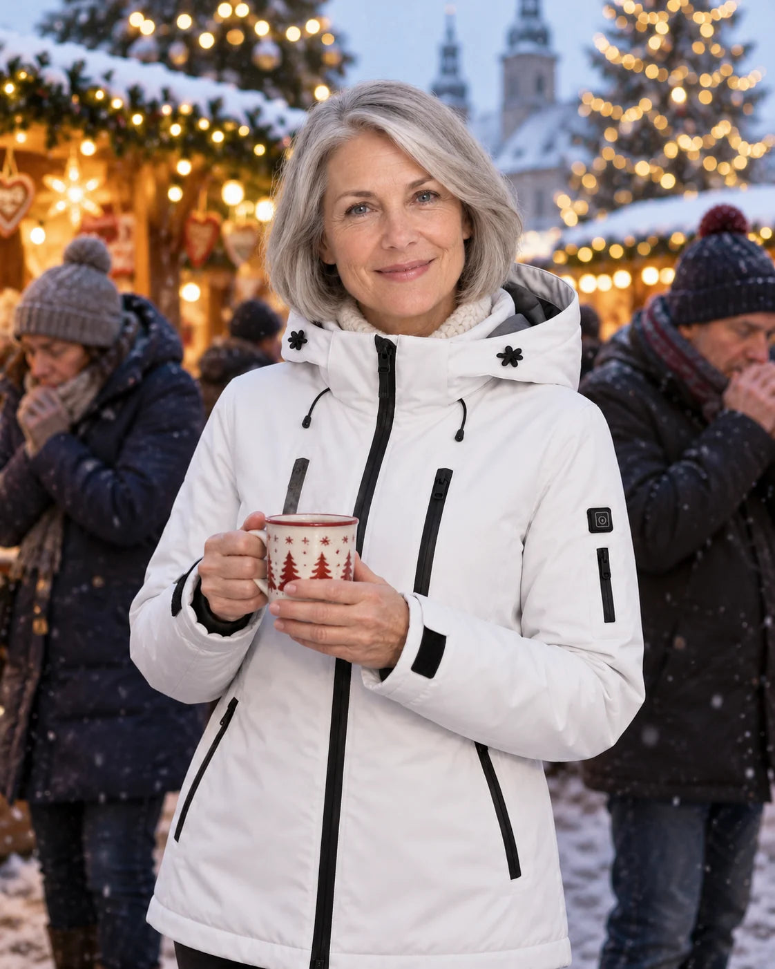 Beheizbarer Damenparka PyreFit Glacio im Winteralltag: Auf dem Weihnachtsmarkt