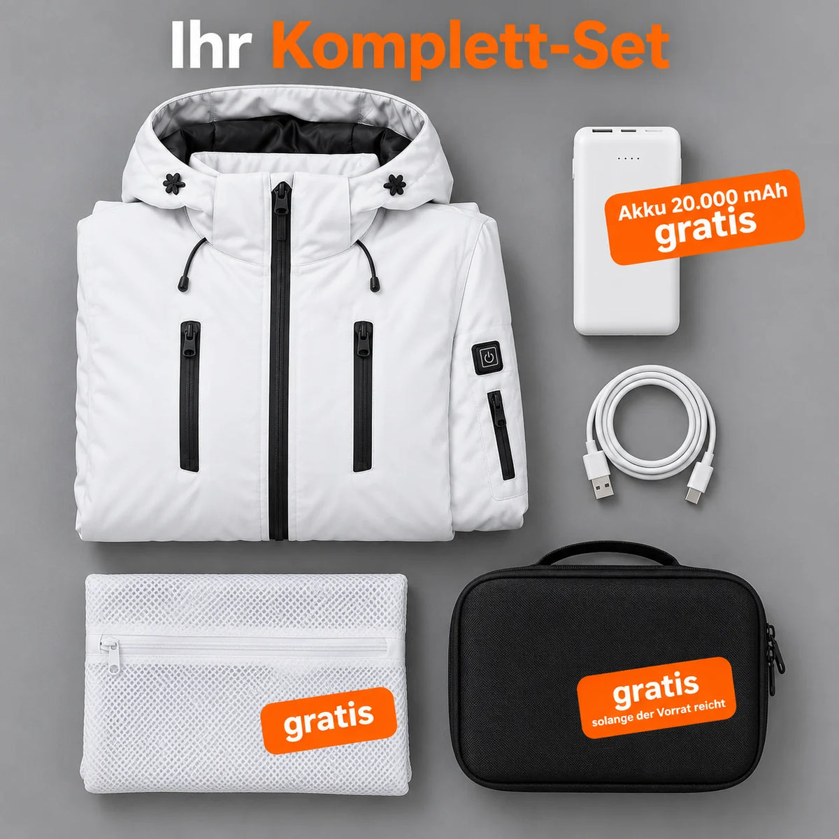 Komplett-Set: Glacio, 20.000-mAh-Akku, Ladekabel, Wäschenetz und Tasche