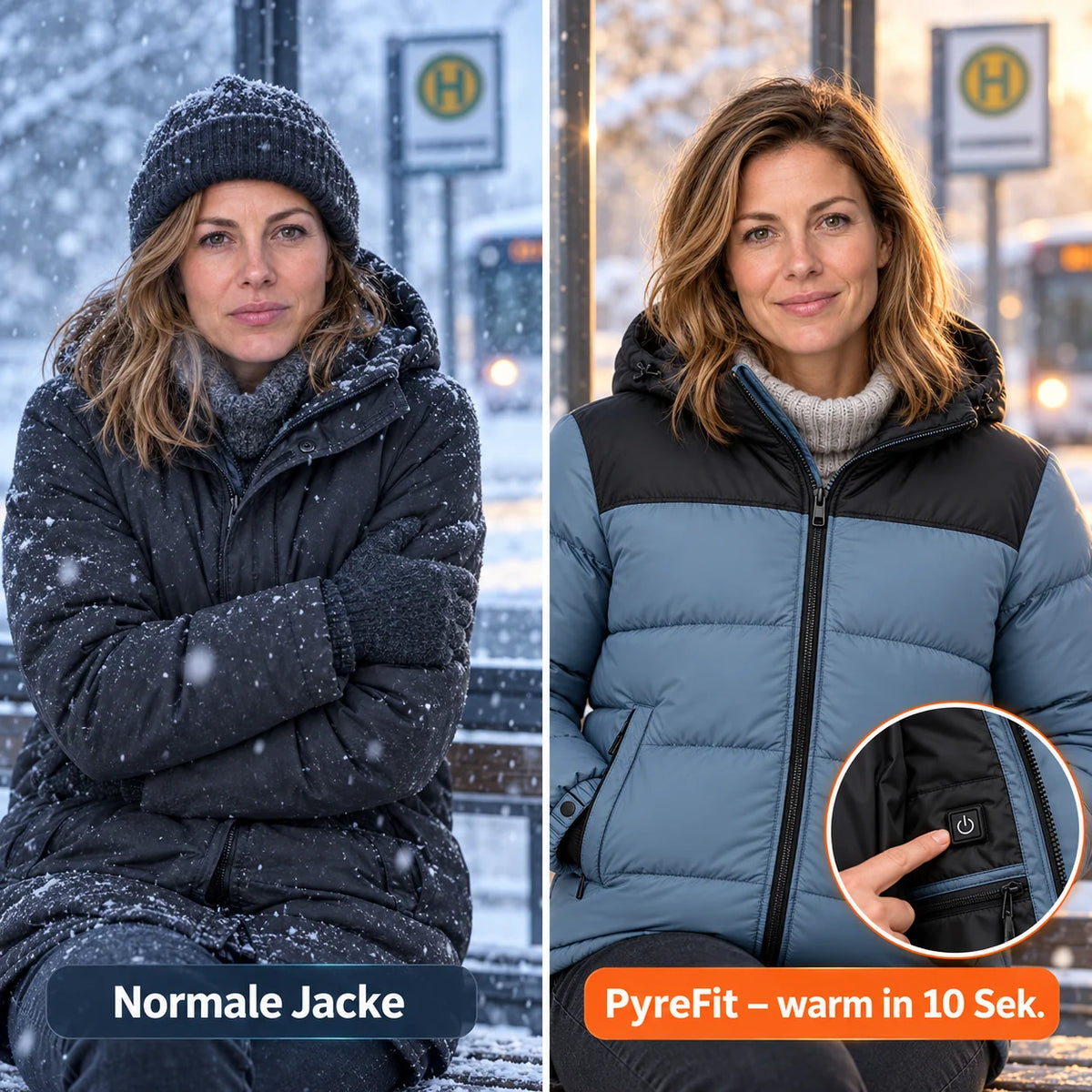 Vergleich: normale Winterjacke und Gletor mit Heizung