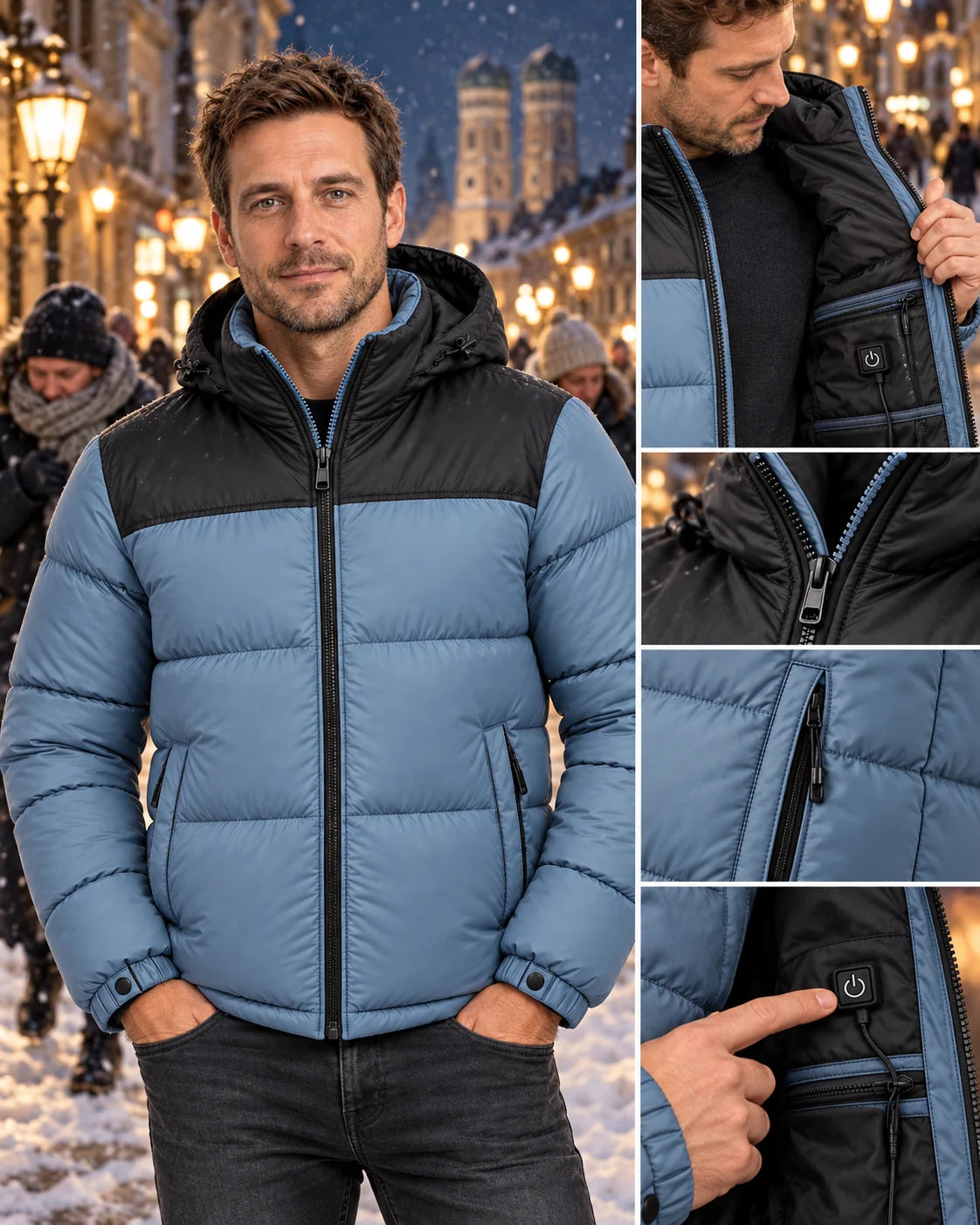Beheizbare Unisex-Steppjacke PyreFit Gletor im Winteralltag: Abends draußen