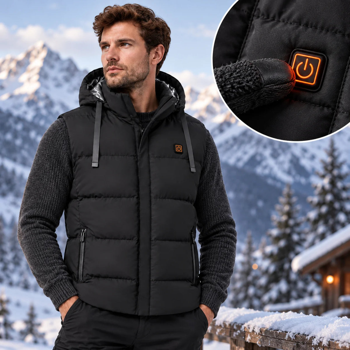 Beheizbare Unisex-Weste mit Kapuze PyreFit Horizonor, Bedienknopf im Detail