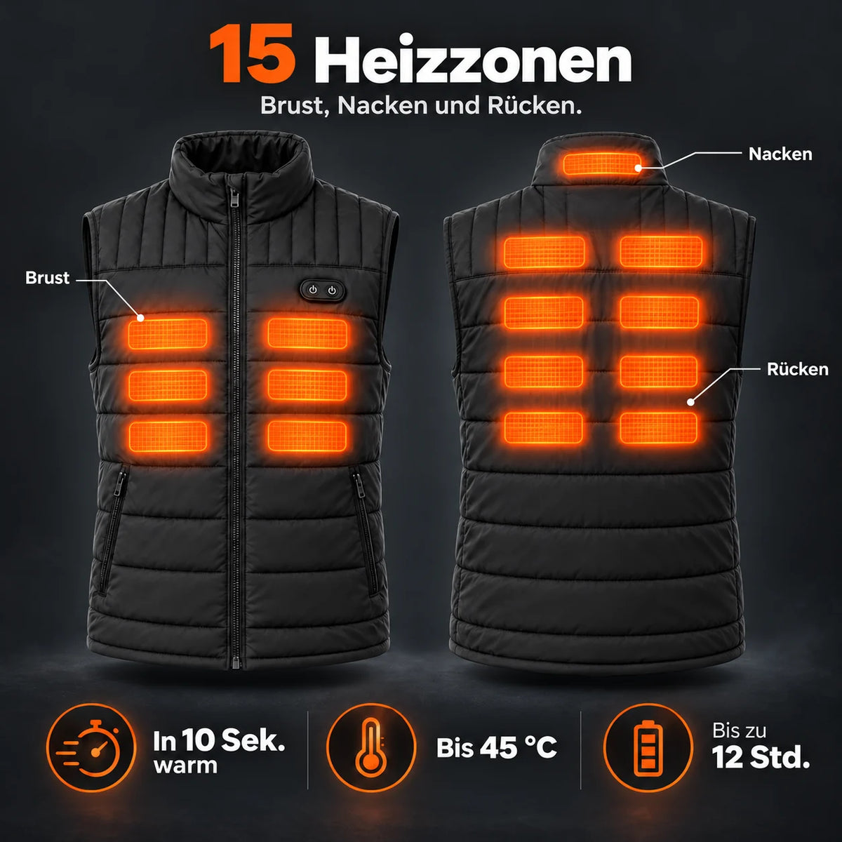 Beheizbare Unisex-Weste PyreFit Matrixor: 15 Heizzonen an Brust, Nacken und Rücken