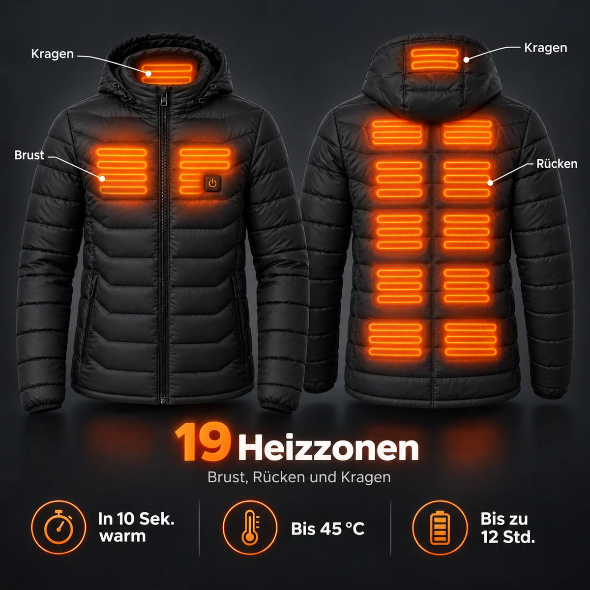Beheizbare Herren-Steppjacke PyreFit Rangor: 19 Heizzonen an Brust, Rücken und Kragen