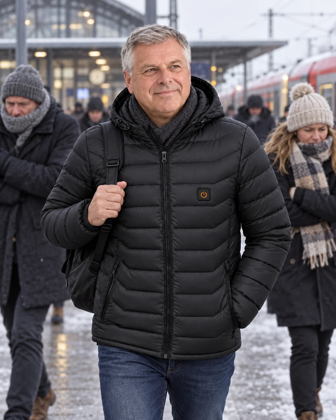 Beheizbare Herren-Steppjacke PyreFit Rangor im Winteralltag: Auf dem Arbeitsweg
