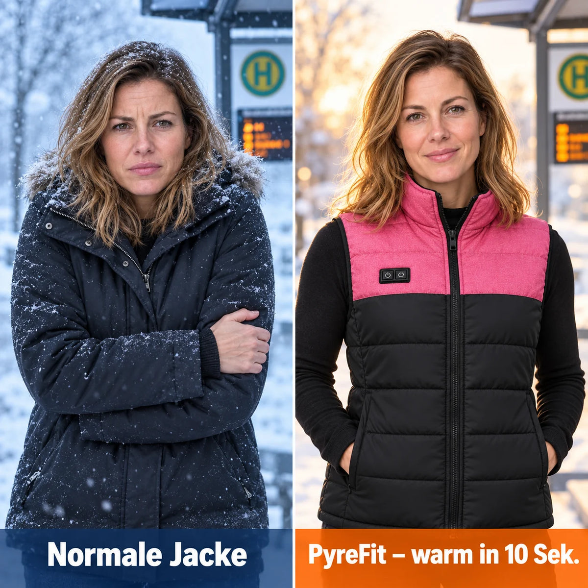 Vergleich: normale Winterjacke und Rundor mit Heizung