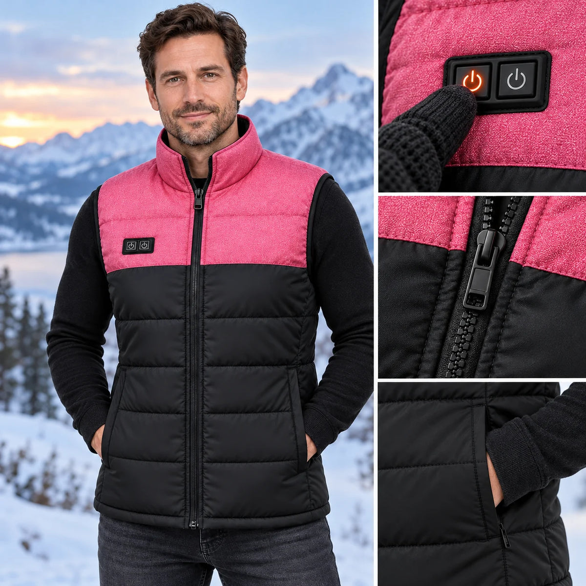 Beheizbare Unisex-Steppweste PyreFit Rundor, Bedienknopf im Detail