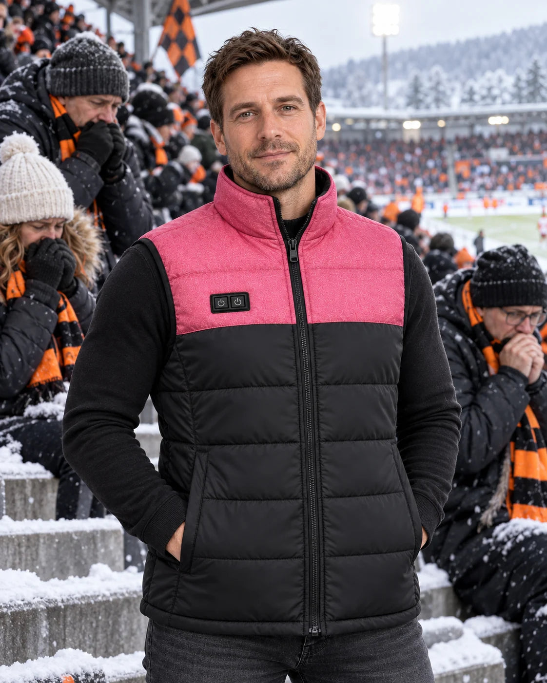 Beheizbare Unisex-Steppweste PyreFit Rundor im Winteralltag: Auf der Tribüne