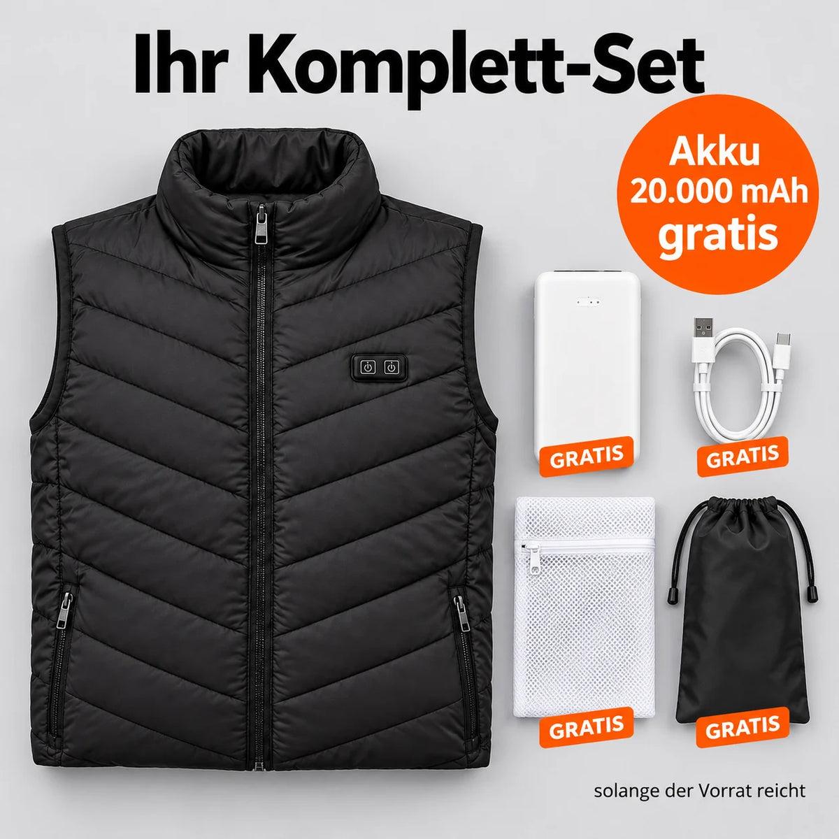 Komplett-Set: Schattor, 20.000-mAh-Akku, Ladekabel, Wäschenetz und Tasche
