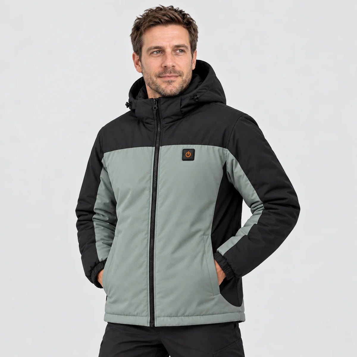 Beheizbarer Unisex-Parka PyreFit Schiefer, getragen, Frontansicht