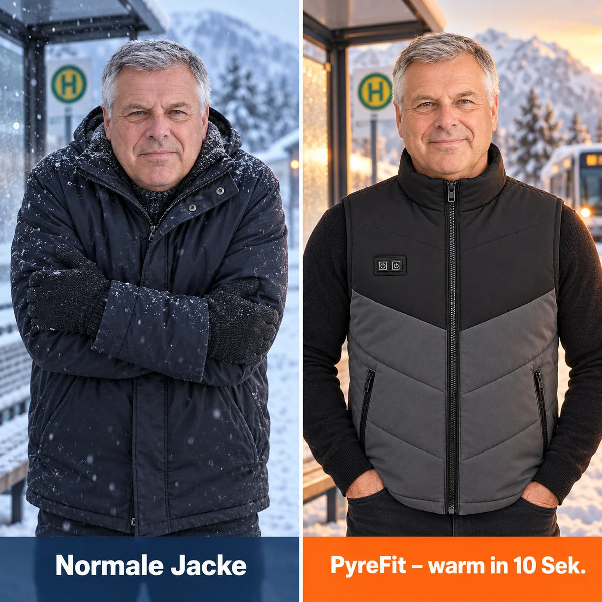 Vergleich: normale Winterjacke und Sherpor mit Heizung