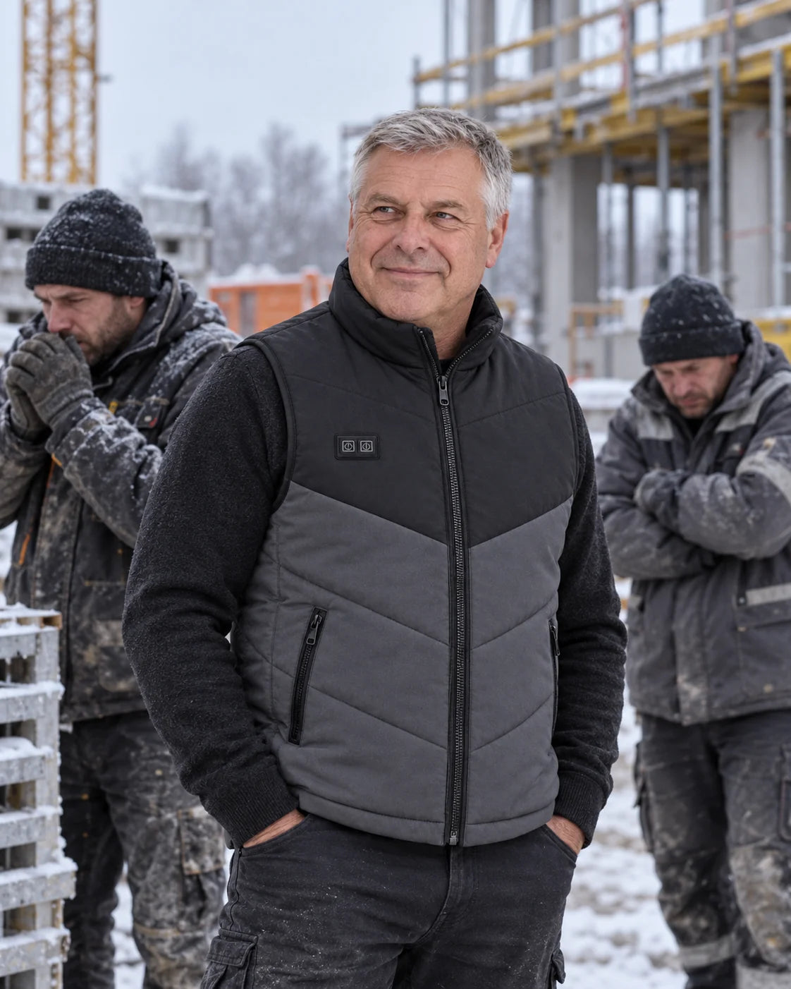 Beheizbare Herrenweste PyreFit Sherpor im Winteralltag: Auf der Baustelle