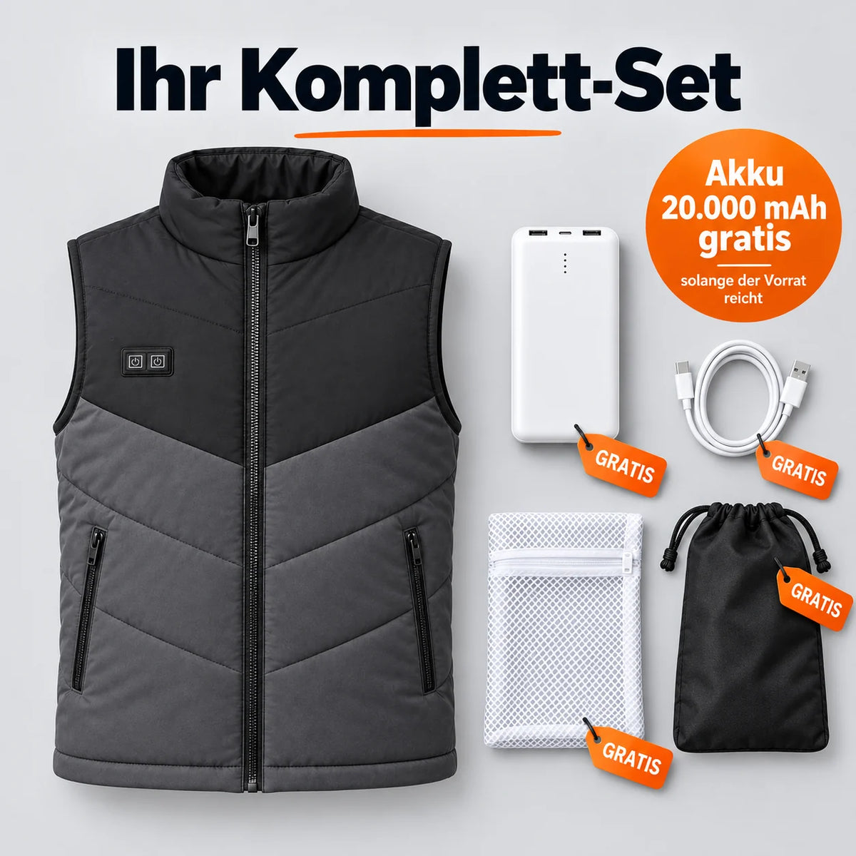 Komplett-Set: Sherpor, 20.000-mAh-Akku, Ladekabel, Wäschenetz und Tasche