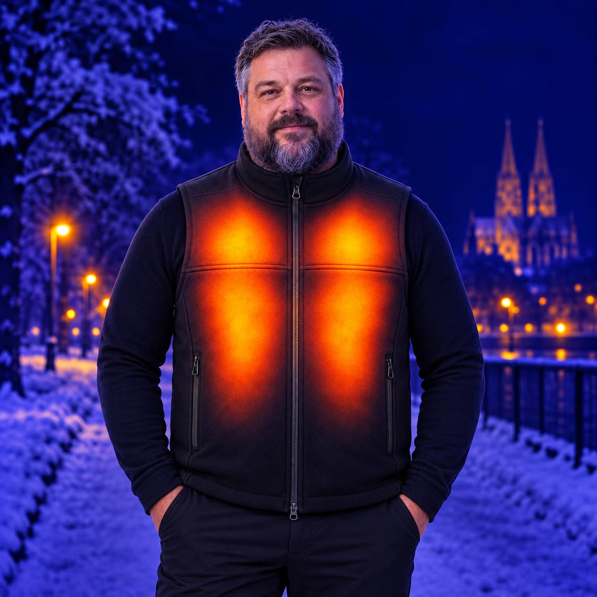 Beheizbare Unisex-Weste mit verstellbarer Weite PyreFit Tarnor – Wärme an Brust (4 Zonen) und Rücken (9 Zonen)