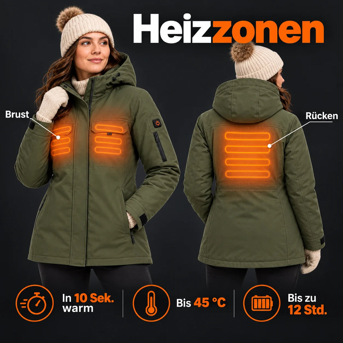 Beheizbarer Damenparka PyreFit Terrano: Heizzonen an Brust und Rücken