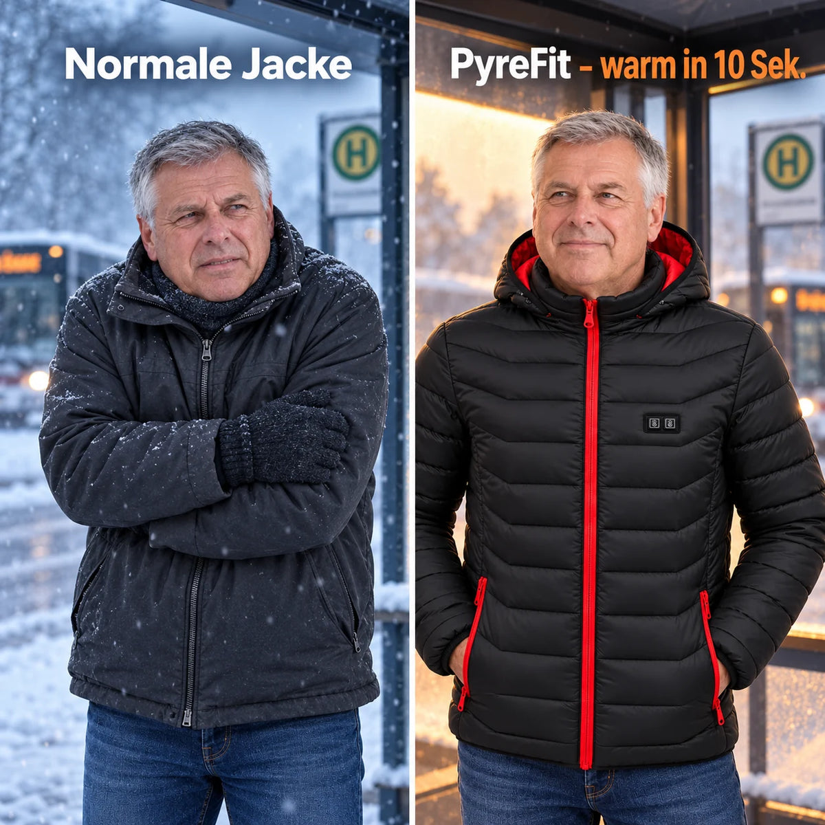 Vergleich: normale Winterjacke und Travina mit Heizung