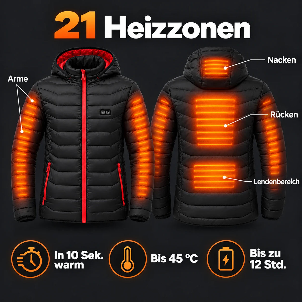 Beheizbare Herren-Steppjacke PyreFit Travina: 21 Heizzonen an Nacken, Rücken, Lendenbereich und Arme