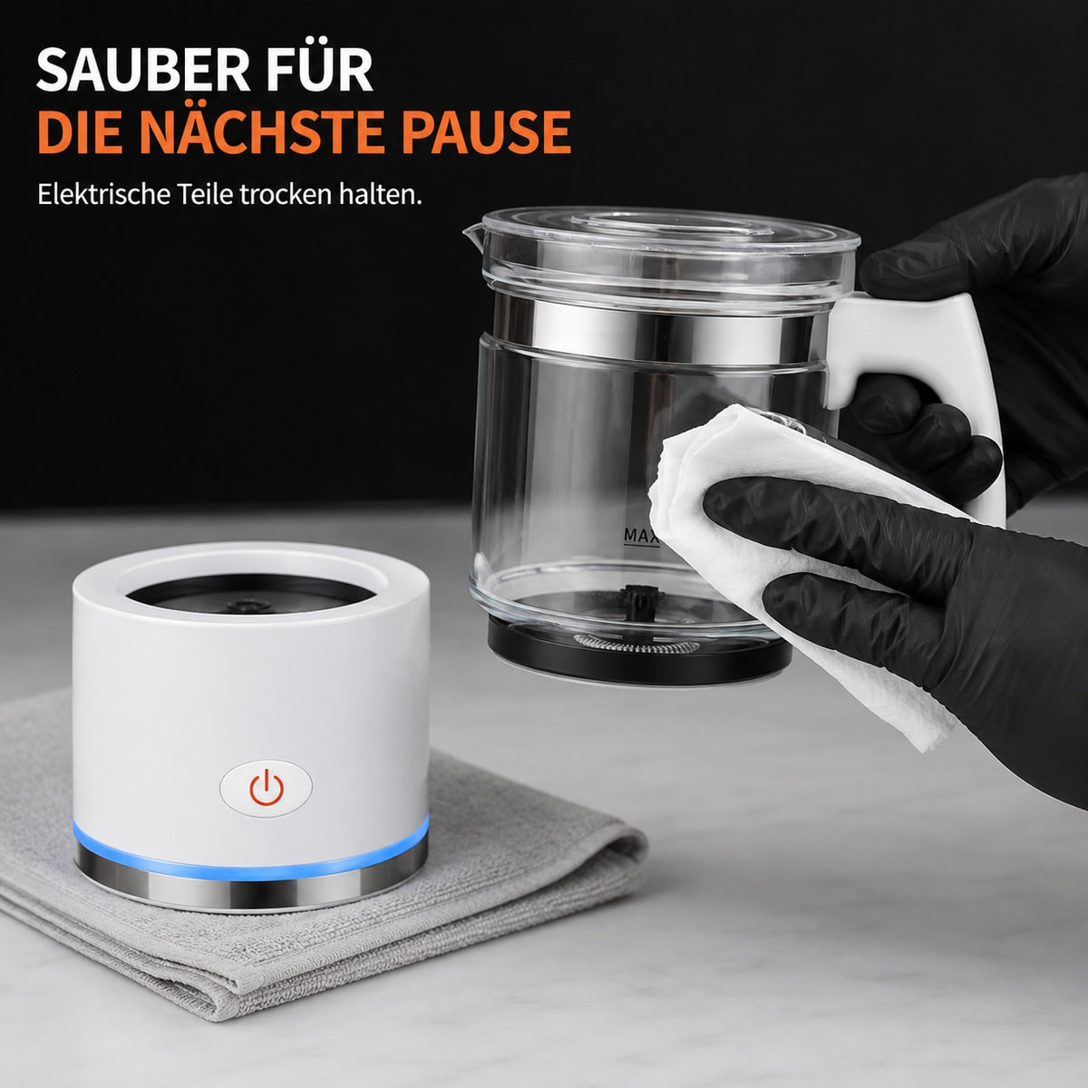 Milchaufschäumer mit Glasgefäss und Basis – Detail 5