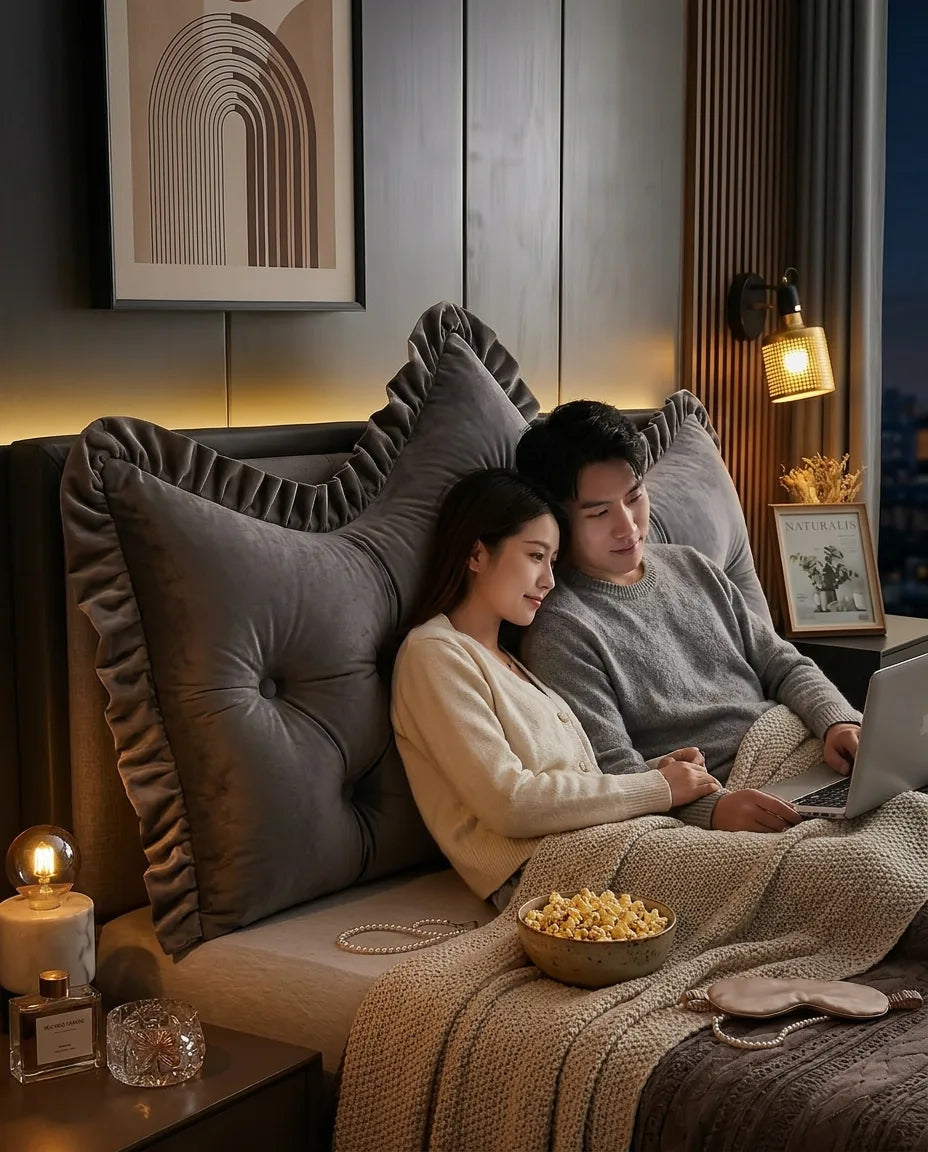 Rückenkissen fürs Bett aus gestepptem Samt – Kopfteil-Optik ohne Montage – Produktbild 3
