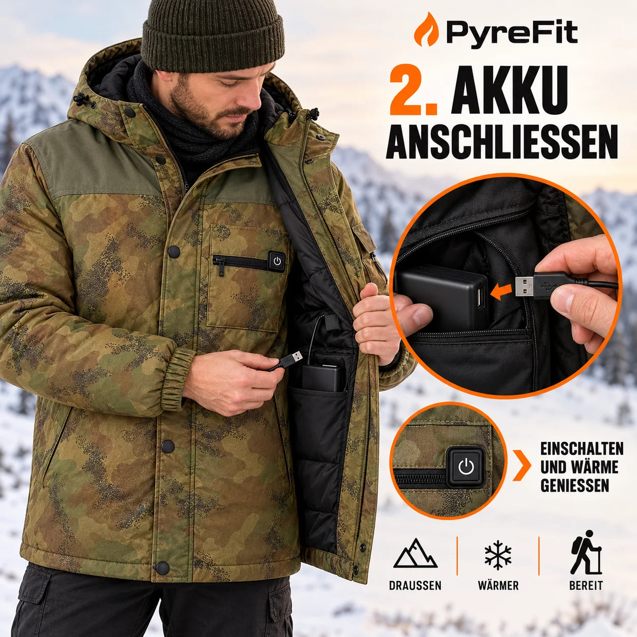 PyreFit Mistro – Beheizbarer Herrenmantel in Camouflage