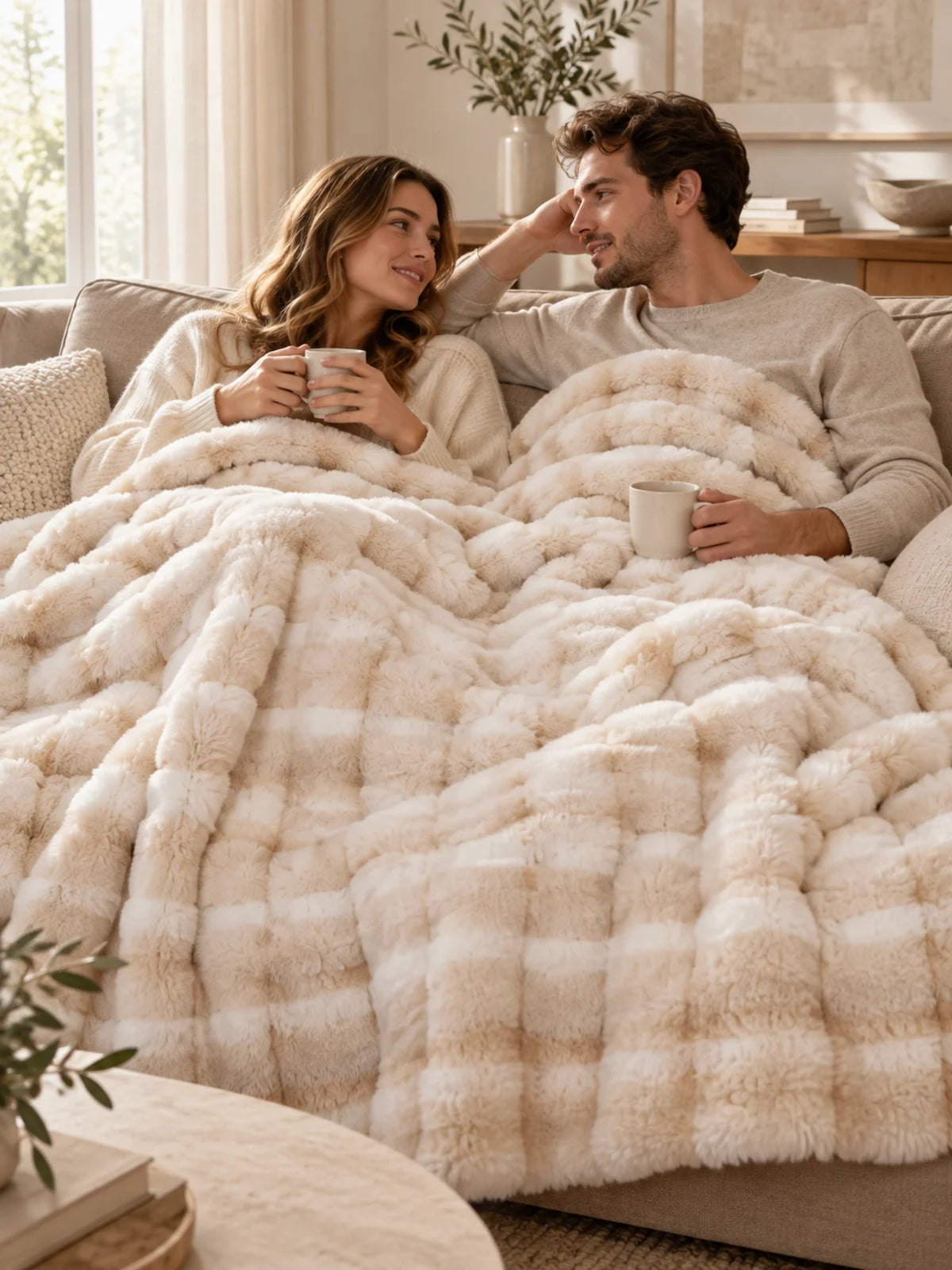 Paar auf dem Sofa mit der Decke Beige