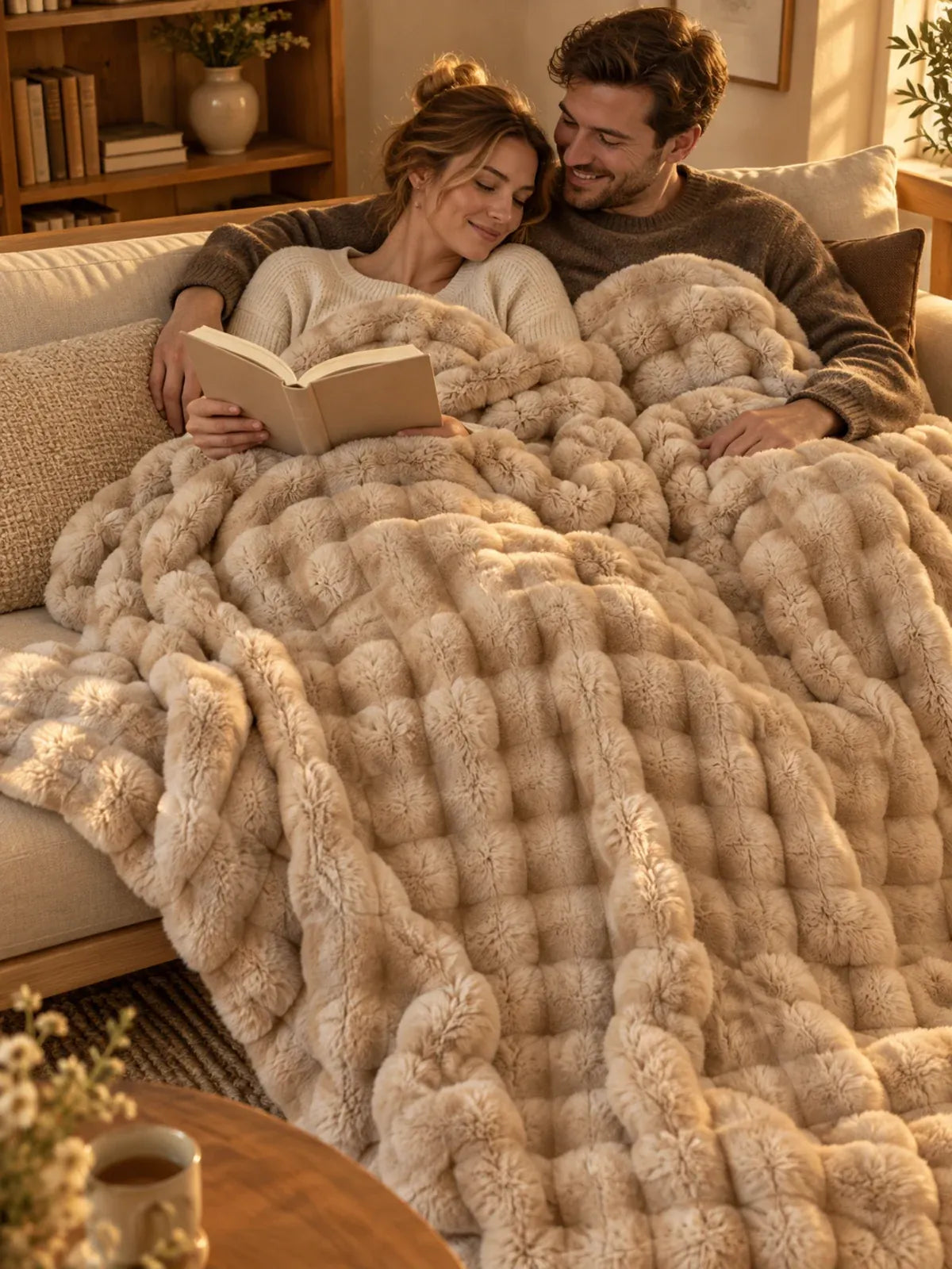 Paar auf dem Sofa mit der Decke Camel