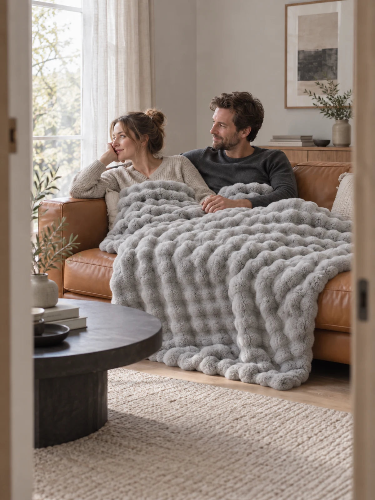 Paar auf dem Sofa mit der Decke Gris clair