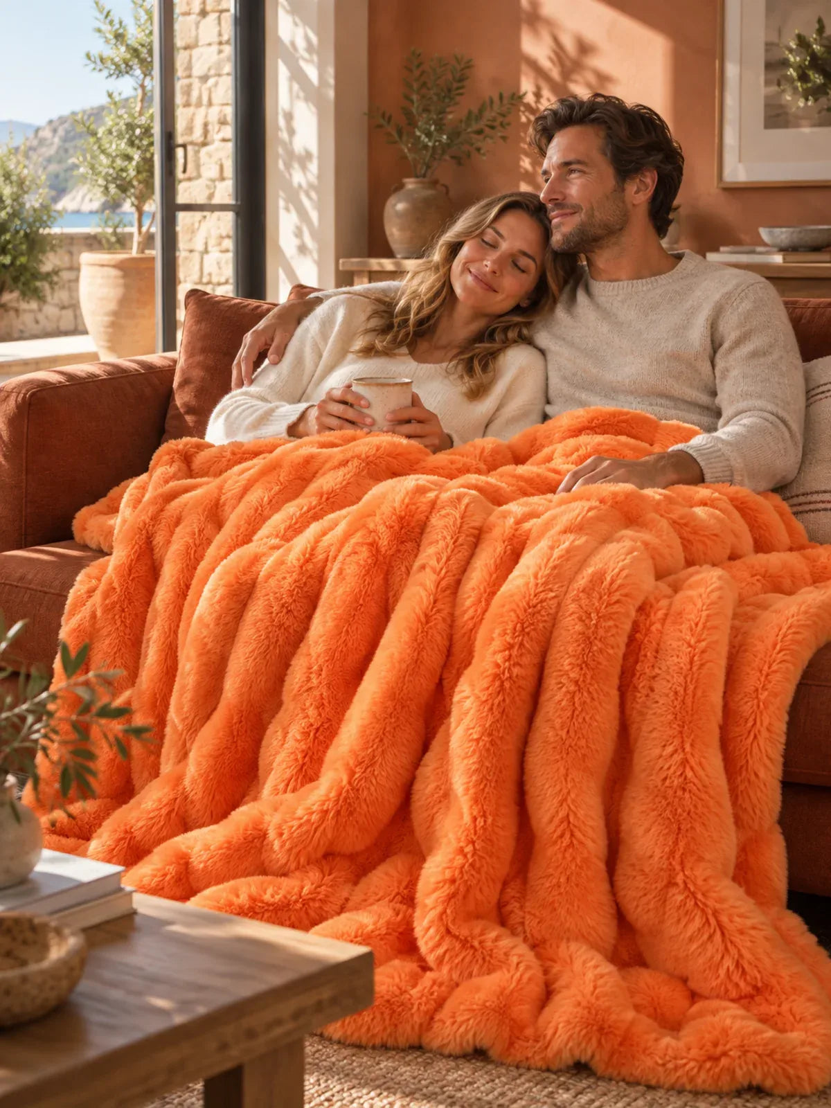 Paar auf dem Sofa mit der Decke Orange