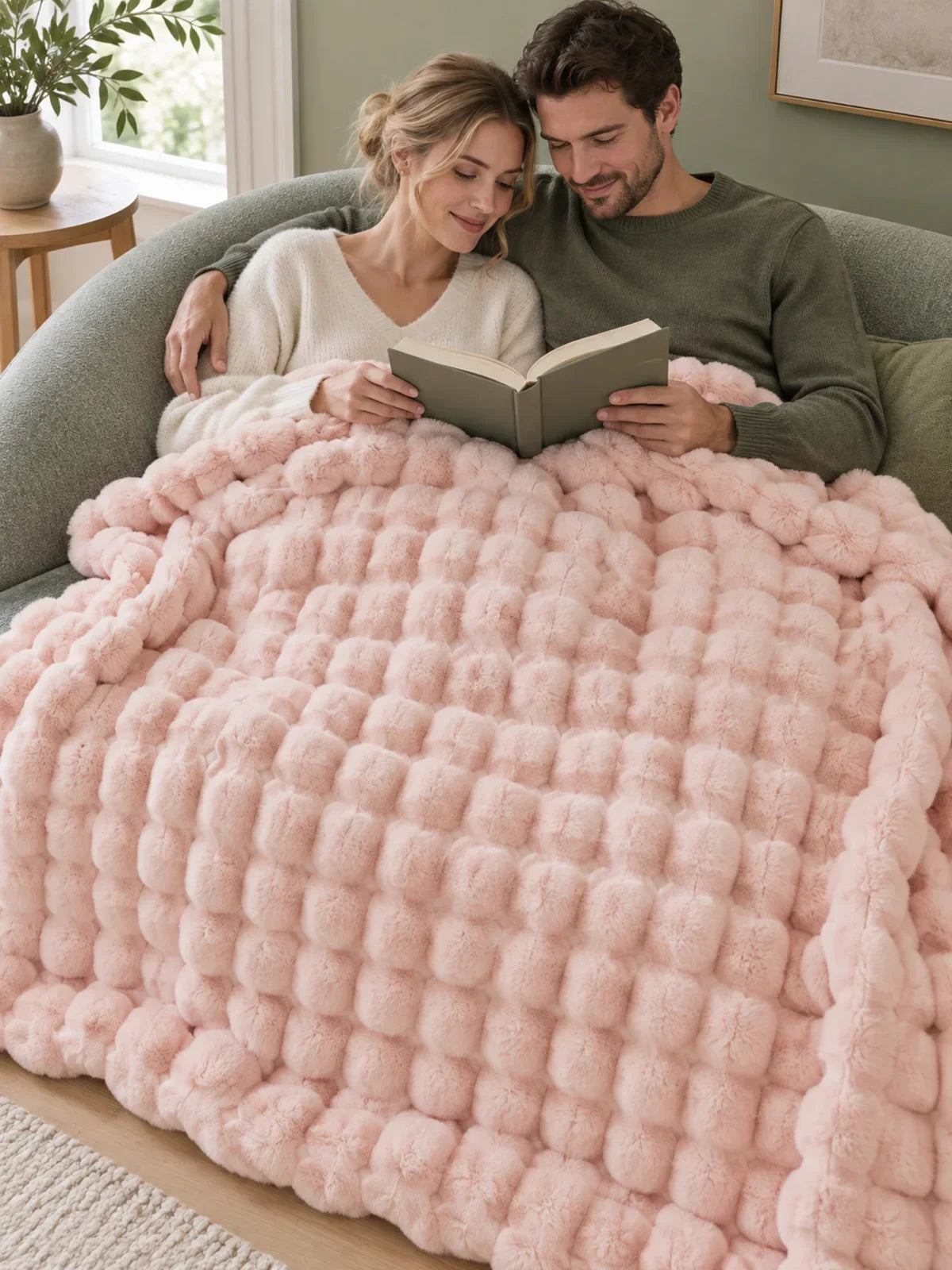 Paar auf dem Sofa mit der Decke Rose poudré