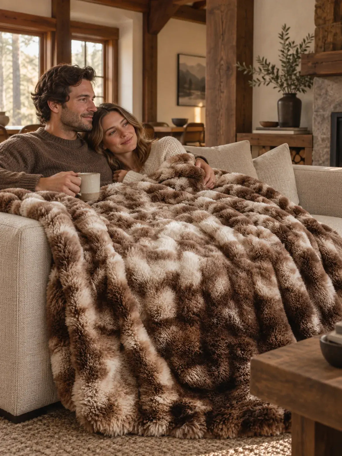 Paar auf dem Sofa mit der Decke Brun marbré
