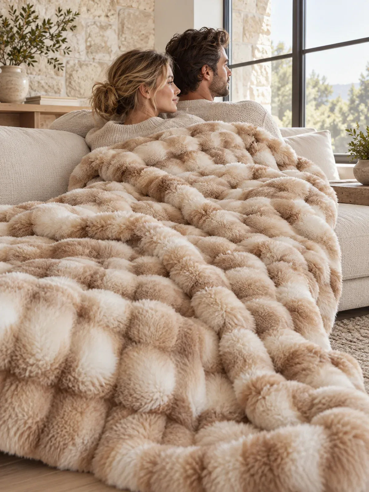 Paar auf dem Sofa mit der Decke Camel marbré