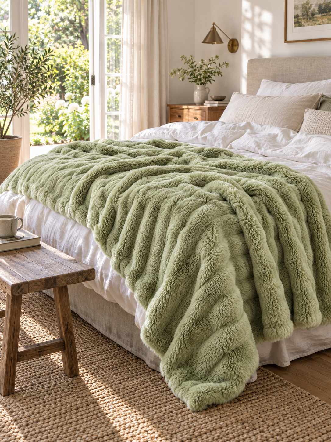 Plaid Nuage Vert sauge — posé dans un décor de vie