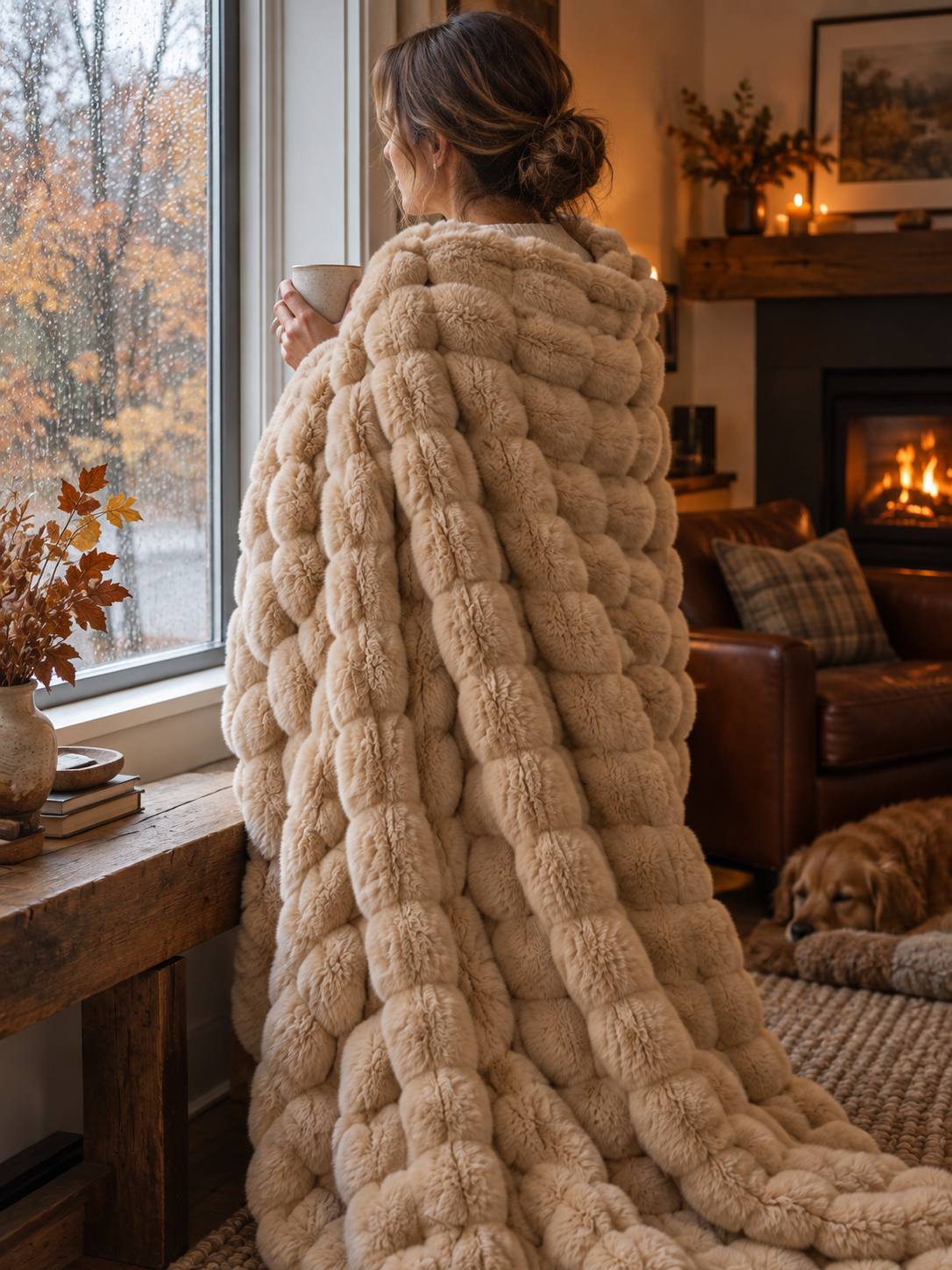 Plaid Nuage Camel — porté sur les épaules