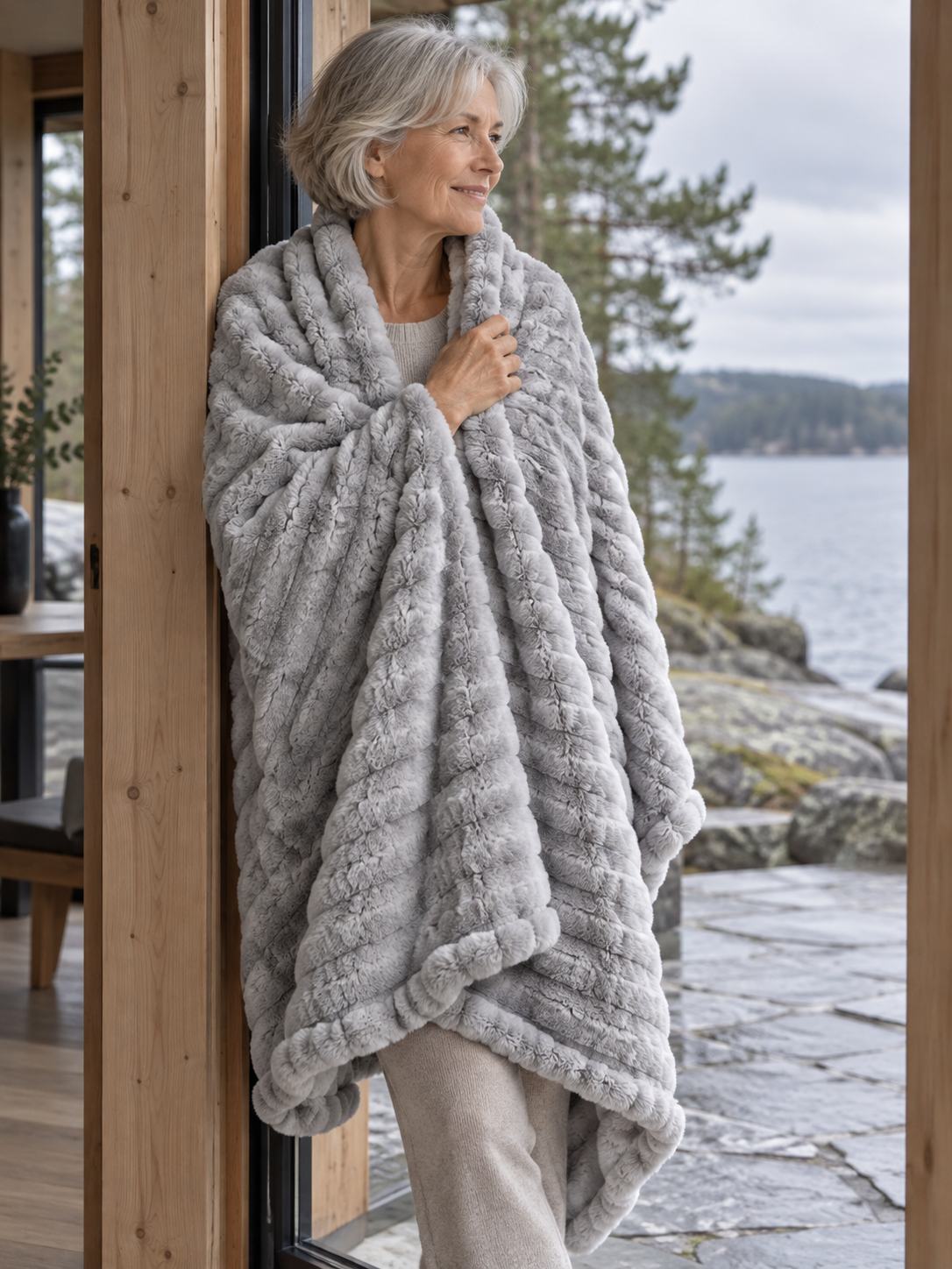 Plaid Nuage Gris clair — porté sur les épaules