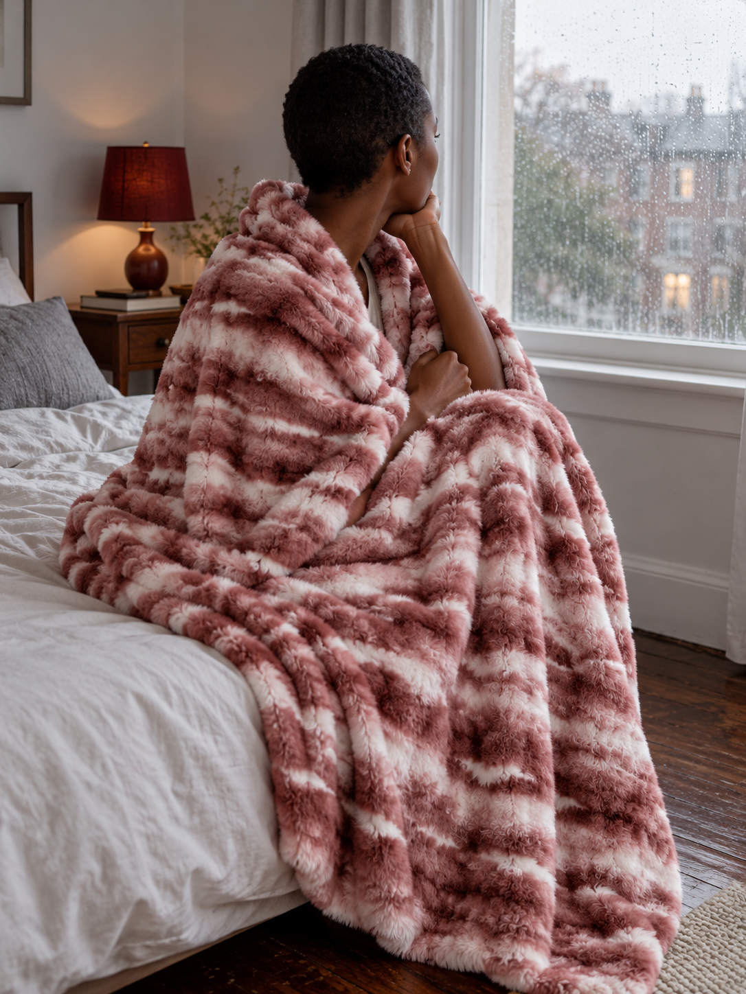 Plaid Nuage Rose nuancé — porté sur les épaules