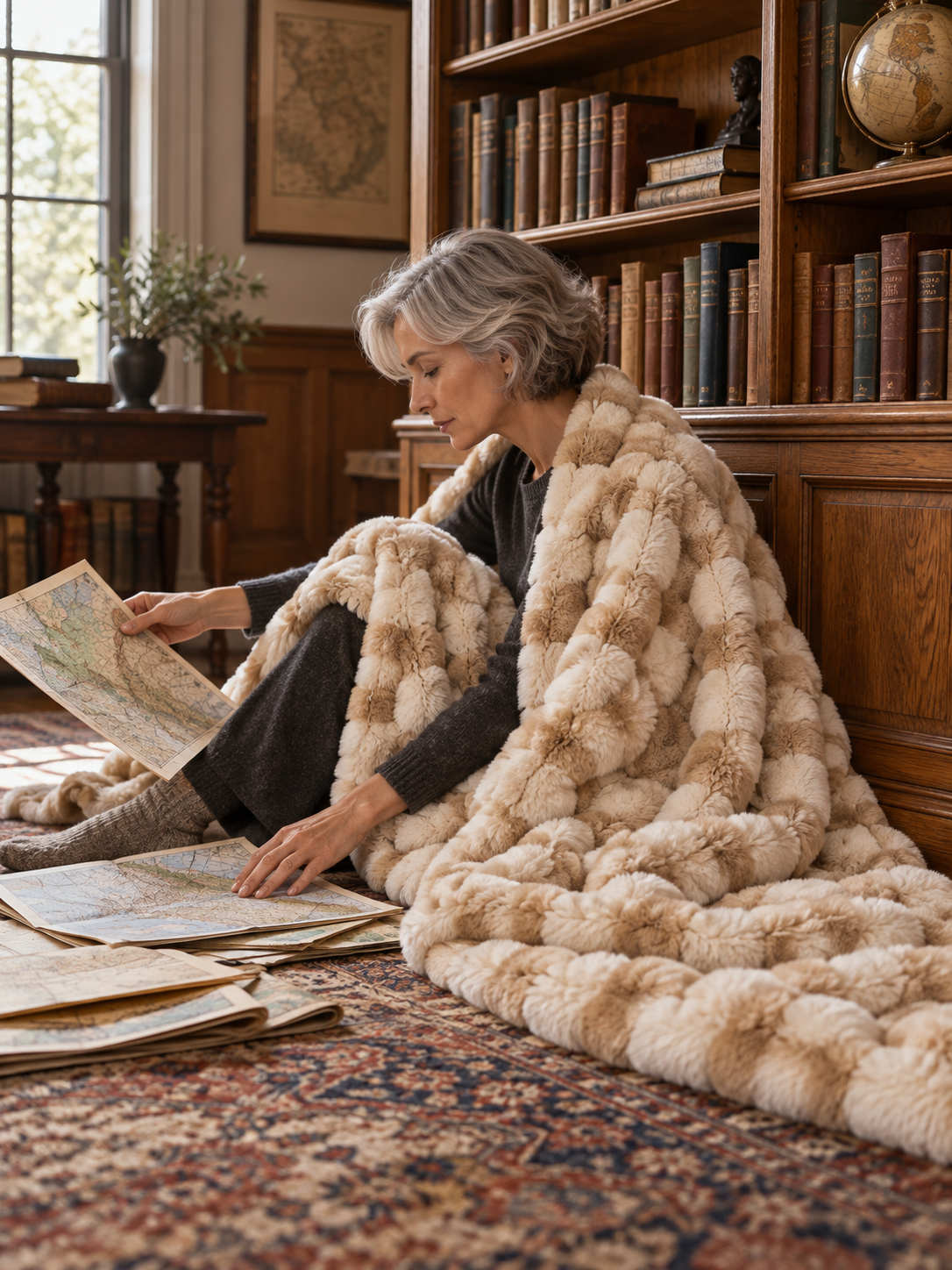 Plaid Nuage Camel marbré — porté sur les épaules