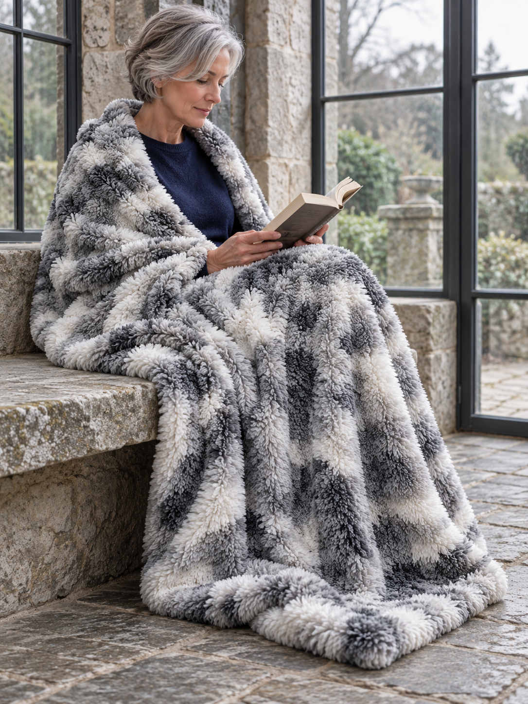 Plaid Nuage Gris clair marbré — porté sur les épaules