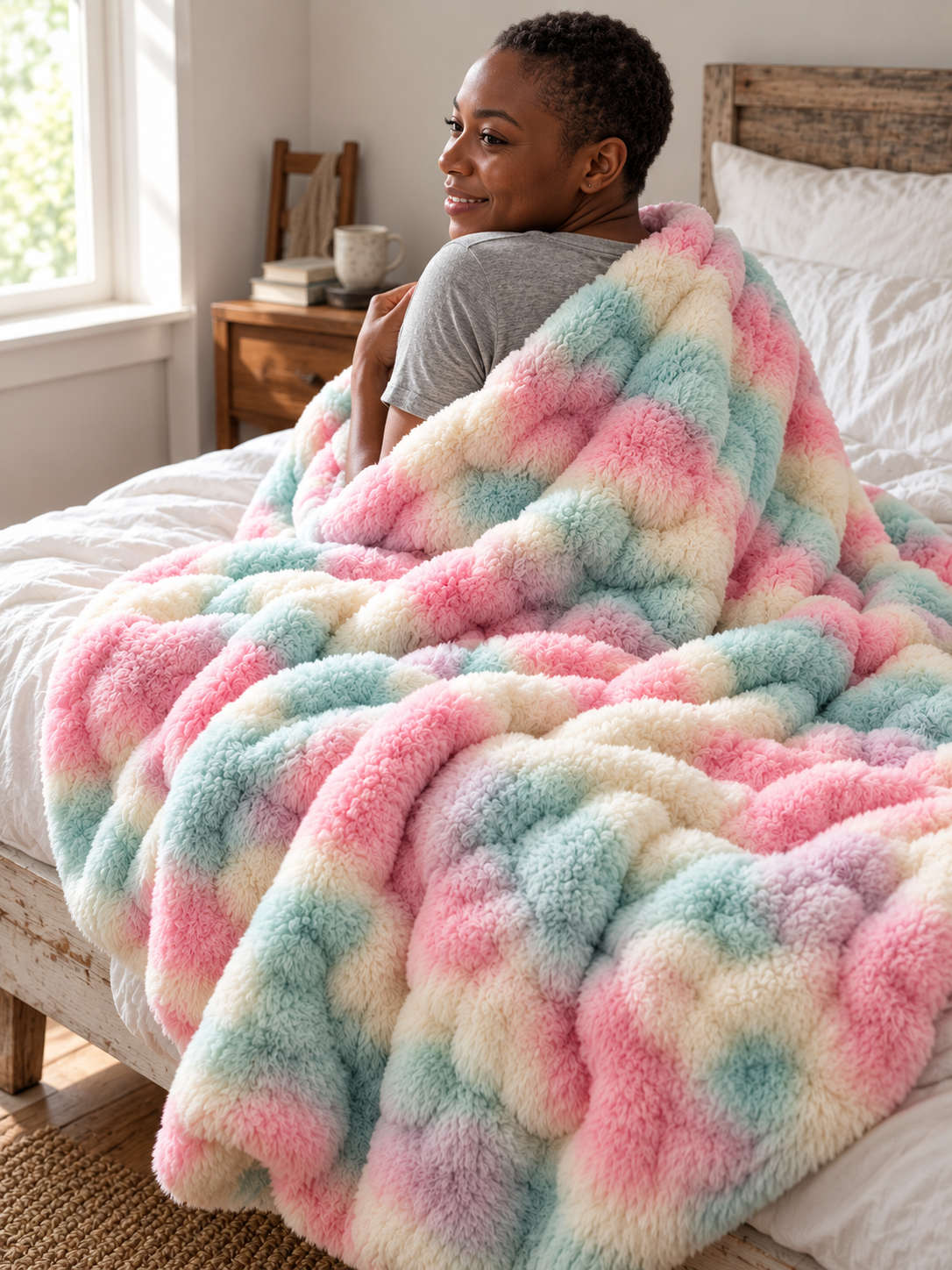 Plaid Nuage Multicolore pastel — porté sur les épaules